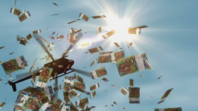 Belarus money Belarusian rubel banknotes helicopter money dropping. 100 BYN notes abstract 3d concept of inflation, money printing, finance, economy, crisis and quantitative easing.
