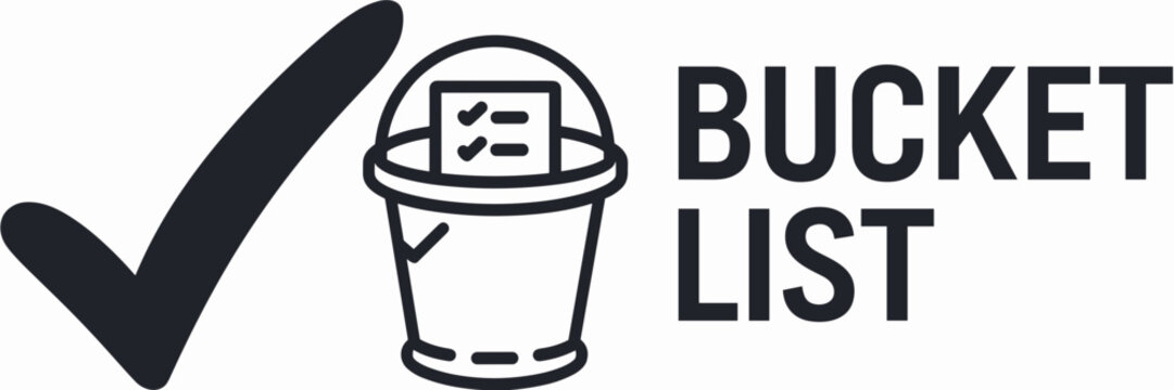 Vector bucket list icon with large checkmark and bucket with list &ndash; Great for goal completion, achievement tracking, or motivational content