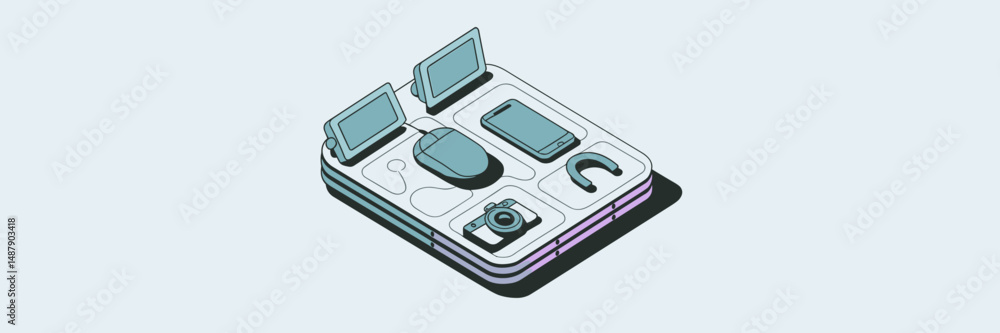 Poster vector icon sheet with 3d effect showing digital devices – suitable for app design, tech marketing, 