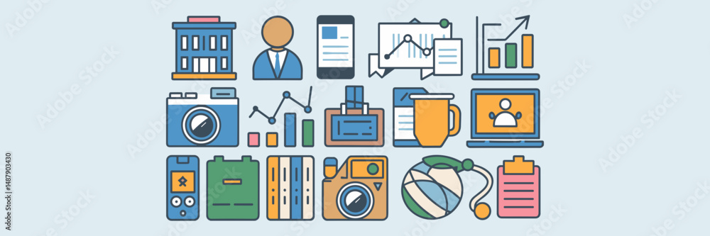 Poster vector icons of business symbols in a clean grid layout on white – great for ui/ux resources, brandi