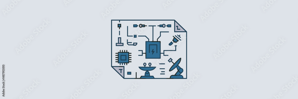 Poster technological vector sheet with circuit board, power plug, and robotic arm – suitable for automation