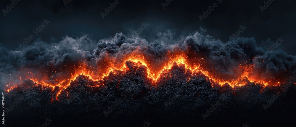Poster volcano magma pressure concept. dark clouds with a fiery glow, creating a dramatic and intense atmos