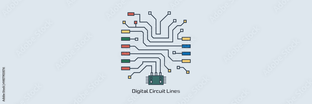 Poster vector sheet icon labeled “digital circuit lines” with circuit board detail – ideal for stem educati