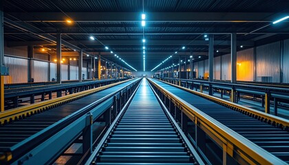 Obraz premium Nighttime Conveyor Belts in Compact Storage Facility with Flickering Lights