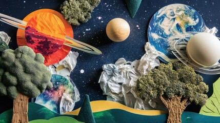 Whimsical cosmic landscape collage featuring handcrafted trees, planets, and crumpled paper, evoking a dreamy, surreal atmosphere. : Generative AI