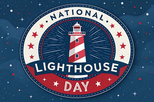 National Lighthouse Day Celebration Badge Design with Red and White Striped Lighthouse Illustration