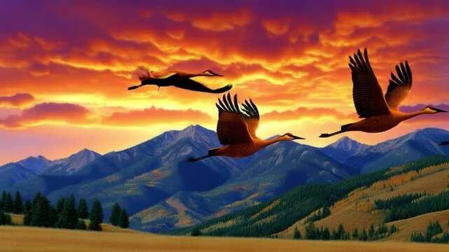 Majestic Sunset Over Mountain Range with Cranes Flying in the Sky