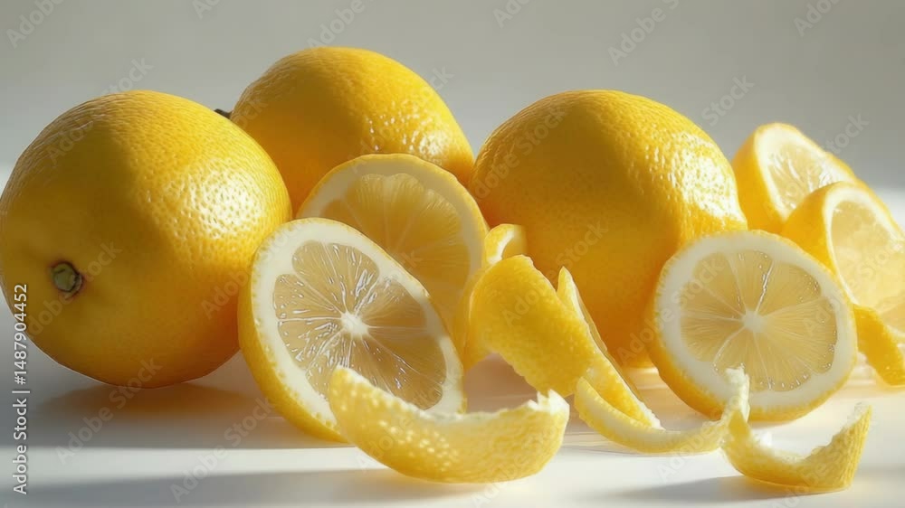 Poster freshly sliced lemons arranged on a table, perfect for garnishing or using in cooking