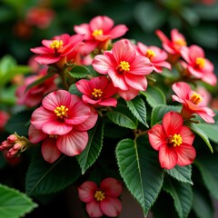 Obraz premium Close-up of a vibrant pink flower with yellow pollen in the center, set against a backdrop of green leaves from