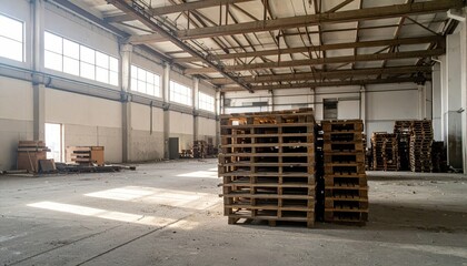 Derelict Automated Warehouse with Stacked Pallets in Morning Light
