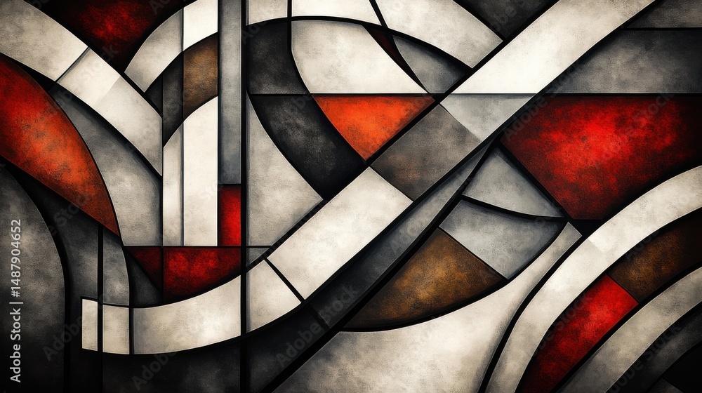 Poster Abstract geometric artwork featuring bold red, gray, and white shapes, creating a dynamic and modern composition with textured surfaces and curved lines. : Generative AI