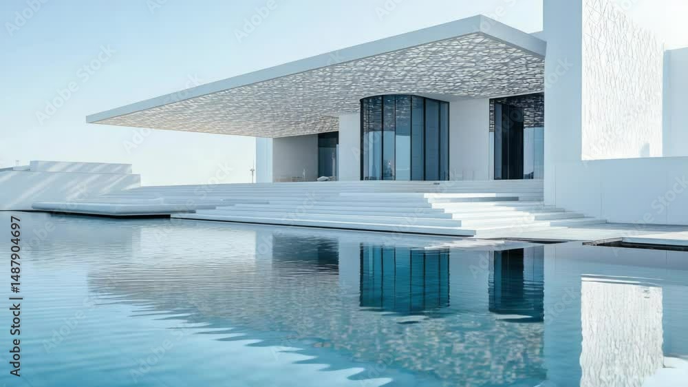 Poster A modern building with a swimming pool in front, suitable for editorial and commercial use