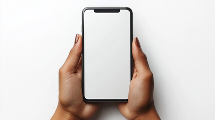 Hands holding smartphone with blank screen on white background