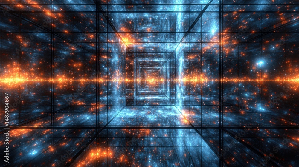 Poster abstract digital art depicting a futuristic, infinite corridor with glowing blue and orange particle