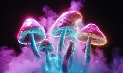 Obraz premium Glowing mushrooms in purple-blue smoke, fantasy art, dark background, psychedelic art, digital illustration