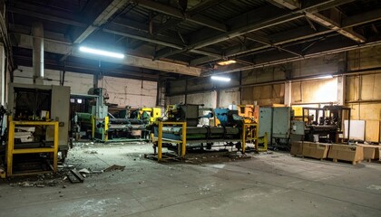 Derelict Warehouse with Flickering Lights and Abandoned Packing Machines