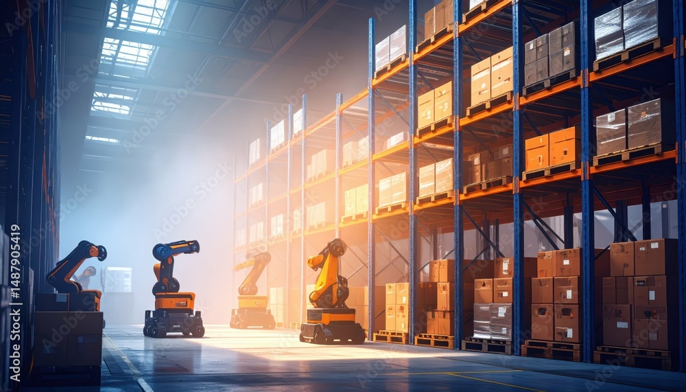 Poster robotic pickers in derelict warehouse with fog and pallet racking