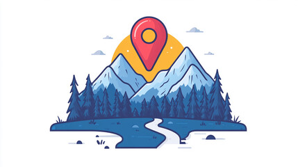 Mountain location pin with path, forest, sunset