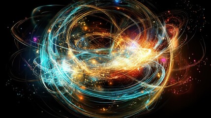 Obraz premium Abstract swirling cosmic energy sphere, vibrant teal, orange, and gold light trails, dark background, digital art, futuristic technology concept. : Generative AI