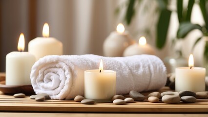  A fluffy white towel rolled on a bamboo mat, sharp spa focus, soft candles and blurred calming spa decor behind