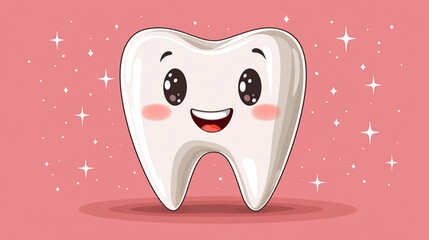 Happy, shiny tooth on pink sparkling background