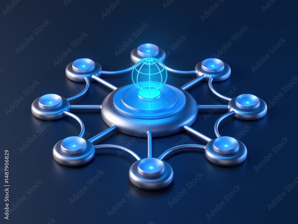 Poster a 3d networking with interconnected dots forming a web, glowing blue nodes, symbolizing professional