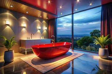 Luxurious Red Bathtub Retreat: Modern Bathroom Design, Close-Up Relaxation