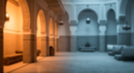Fototapeta premium Blurred view of an interior with arches, columns, and geometric patterns in a building with traditional architectural design