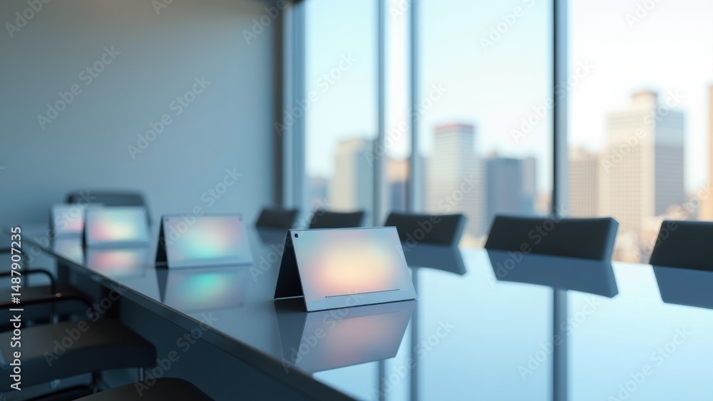 Poster a minimalist 3d icon of a conference table with holographic name tags, soft shadows, and a subtle gl