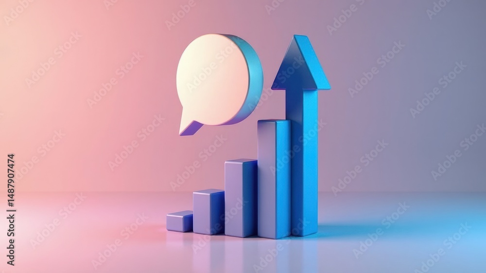 Poster a 3d icon with a speech bubble and rising arrow, symbolizing presentations, soft gradient background