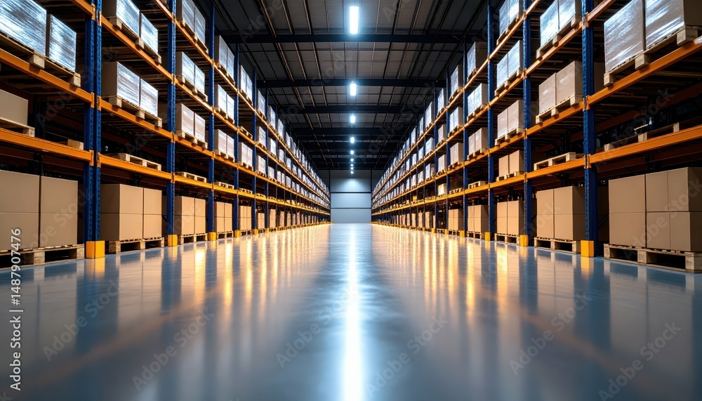 Poster dimly lit automated warehouse with pallet racking and reflective floor