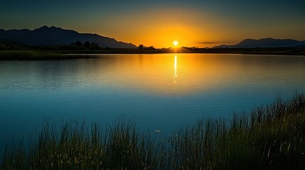 Fototapeta premium Sunset over tranquil water, a serene nature scene with a wide viewpoint, capturing the calm and aesthetic environment.
