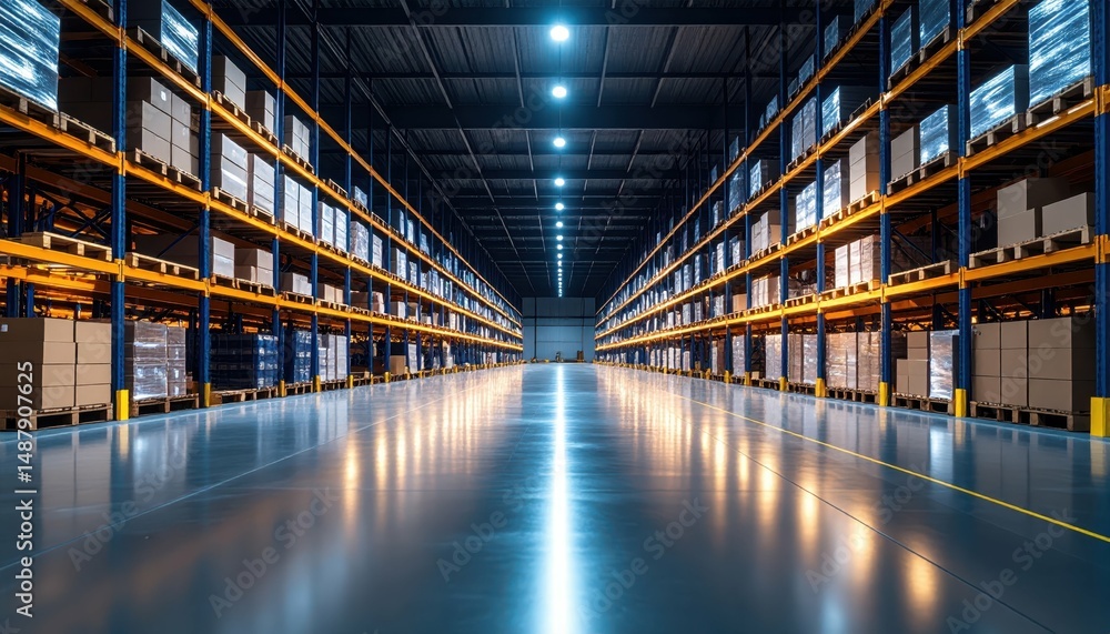 Poster dimly lit automated warehouse with pallet racking and reflective floor