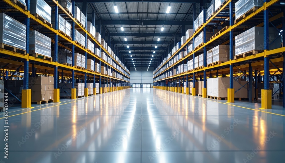 Poster dimly lit automated warehouse with pallet racking and reflective floor