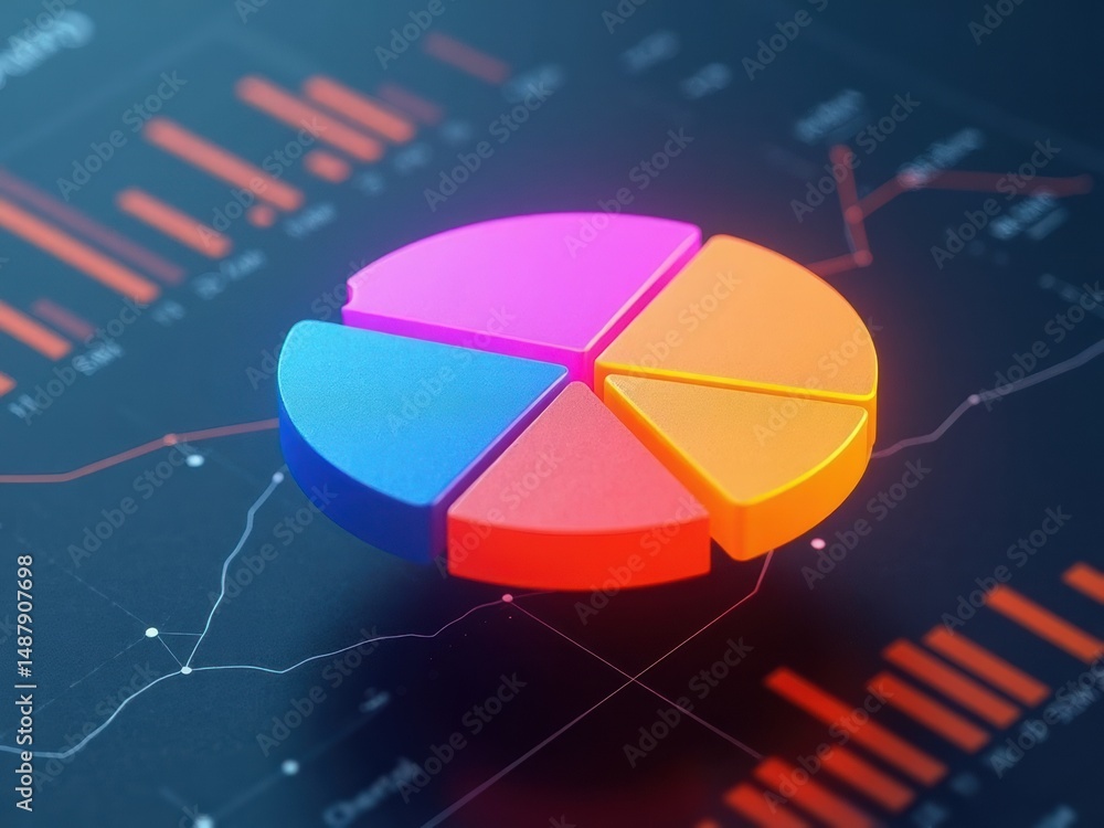 Poster a 3d icon of a pie chart with glowing segments in corporate colors, hovering over a sleek dashboard,