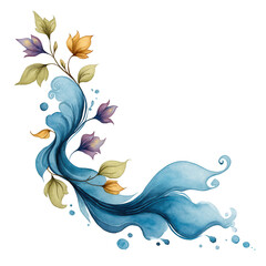 Watercolor floral corner element with flowing water and delicate blossoms.