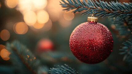 Red ornament hangs on a pine tree at sunset with bokeh lights