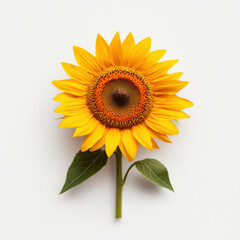 Naklejka premium Soft orange sunflower with golden-yellow petals and rich brown center centered on a pristine white background emphasizing warm tones and natural elegance