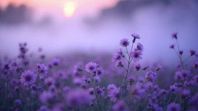 n&eacute;voa ou fuma&ccedil;a roxa entre flores em um campo - v&iacute;deo de fundo