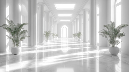 Sunlit white hall with columns, plants, marble floor, arched window