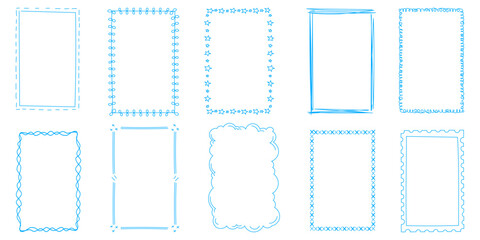 Doodle hand drawn frames. Minimalist line art. Vintage blue ornament borders for wedding, greeting cards, menu, prints, picnic invitations.