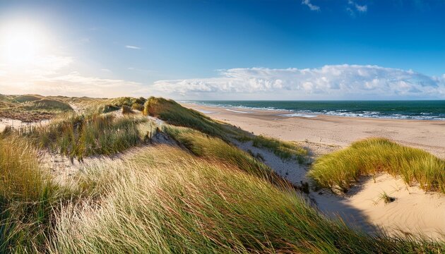 beautiful wide panorama views of the endless grass beach sand dunes on the danish coast with warm spring summer sunlight nationalpark thy in north jutland in denmark on the danish noth sea coast