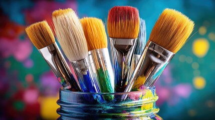 Fototapeta premium A vibrant collection of paintbrushes, nestled in a colorful jar, showcases their diverse bristle types and metallic handles against a bokeh background of bright hues. : Generative AI
