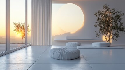 Serene Minimalist Interior Design White Room with Sunset View