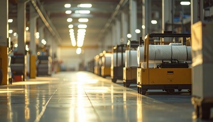Obraz premium Dimly Lit Textile Warehouse with Pallet Jacks in Soft Morning Light