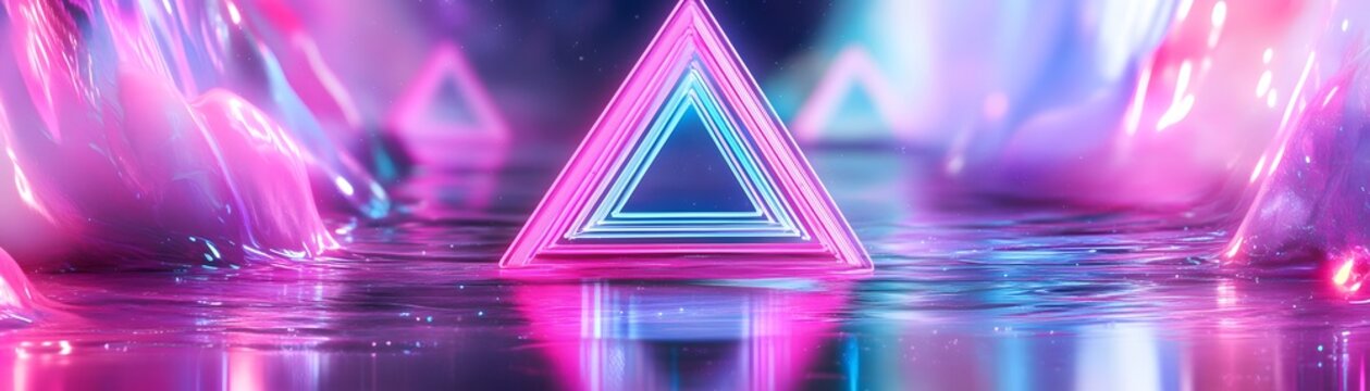 Abstract neon triangle shapes in a reflective surface.