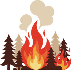 Minimalist Flat Vector of Forest Fire with Smoke and Burning Pine Trees – Climate Change and Environmental Disaster Concept