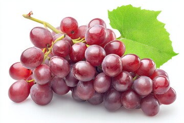 Fototapeta premium A bunch of ripe red grapes with a vibrant green leaf, freshly picked and ready to eat, showcasing their juicy texture and rich color against a clean white background. : Generative AI