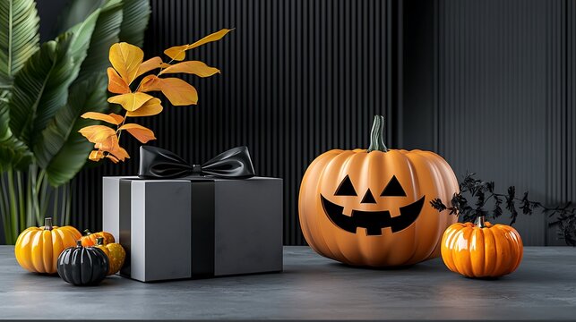 there is a black box with a black bow and a pumpkin on it
