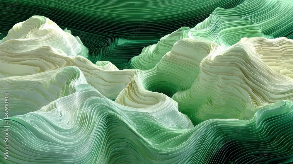 Poster abstract layered landscape, undulating green and cream paper hills, creating a three-dimensional top